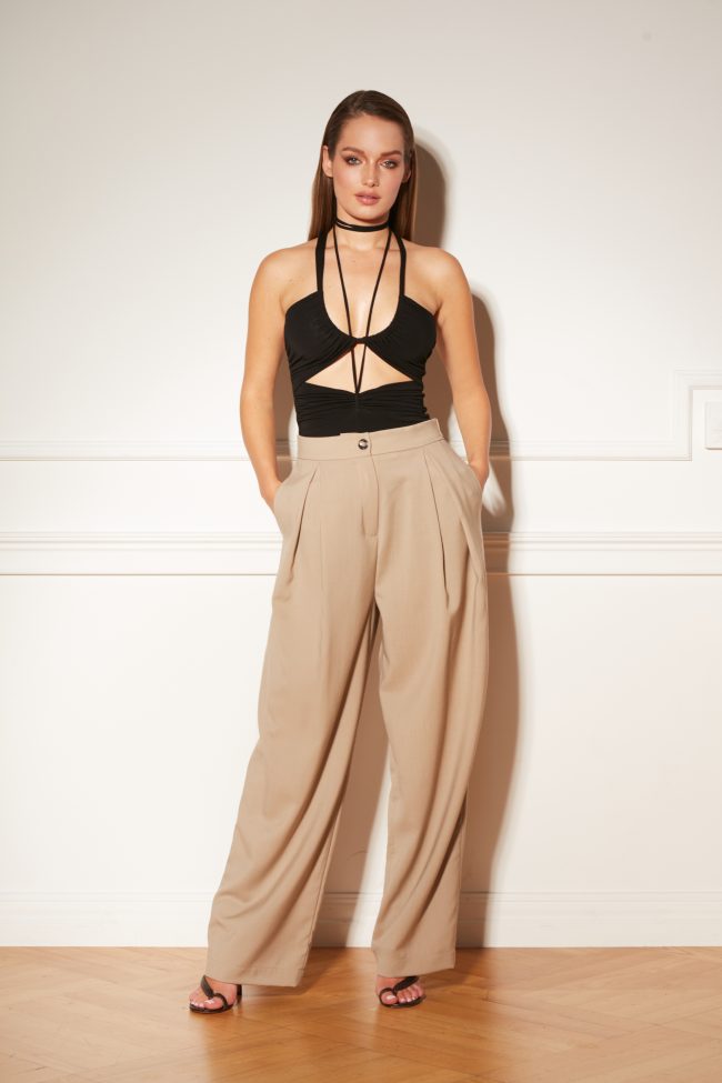 SZEROKIE WEŁNIANE SPODNIE TAUPE BEIGE