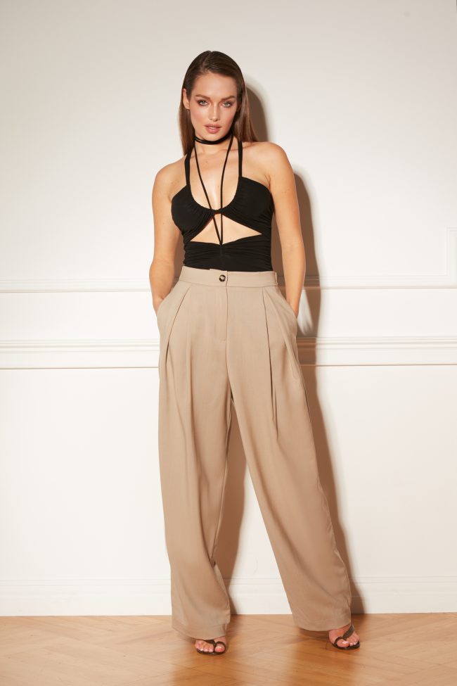 SZEROKIE WEŁNIANE SPODNIE TAUPE BEIGE