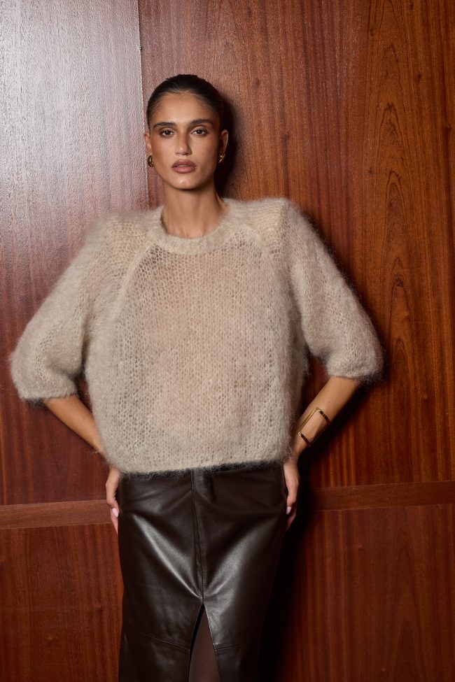 AŻUROWY SWETER Z MOHERU RUGBY BEIGE